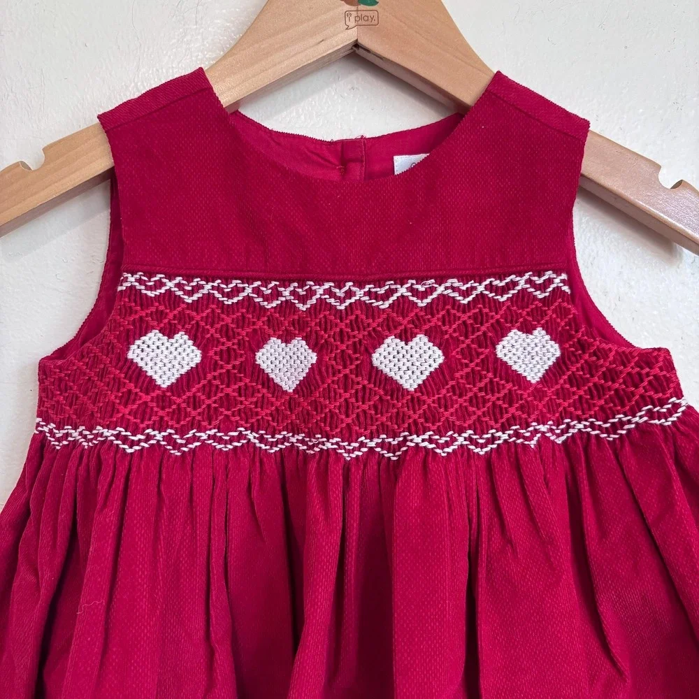 Rachel Riley Girls Heart Smocked Pinafore Dress 12M Red Hand Embroidered Holiday
